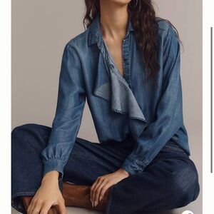 Cloth & Stone Ruffled Denim Blue Button Down Shirt Size Small - Anthropologie